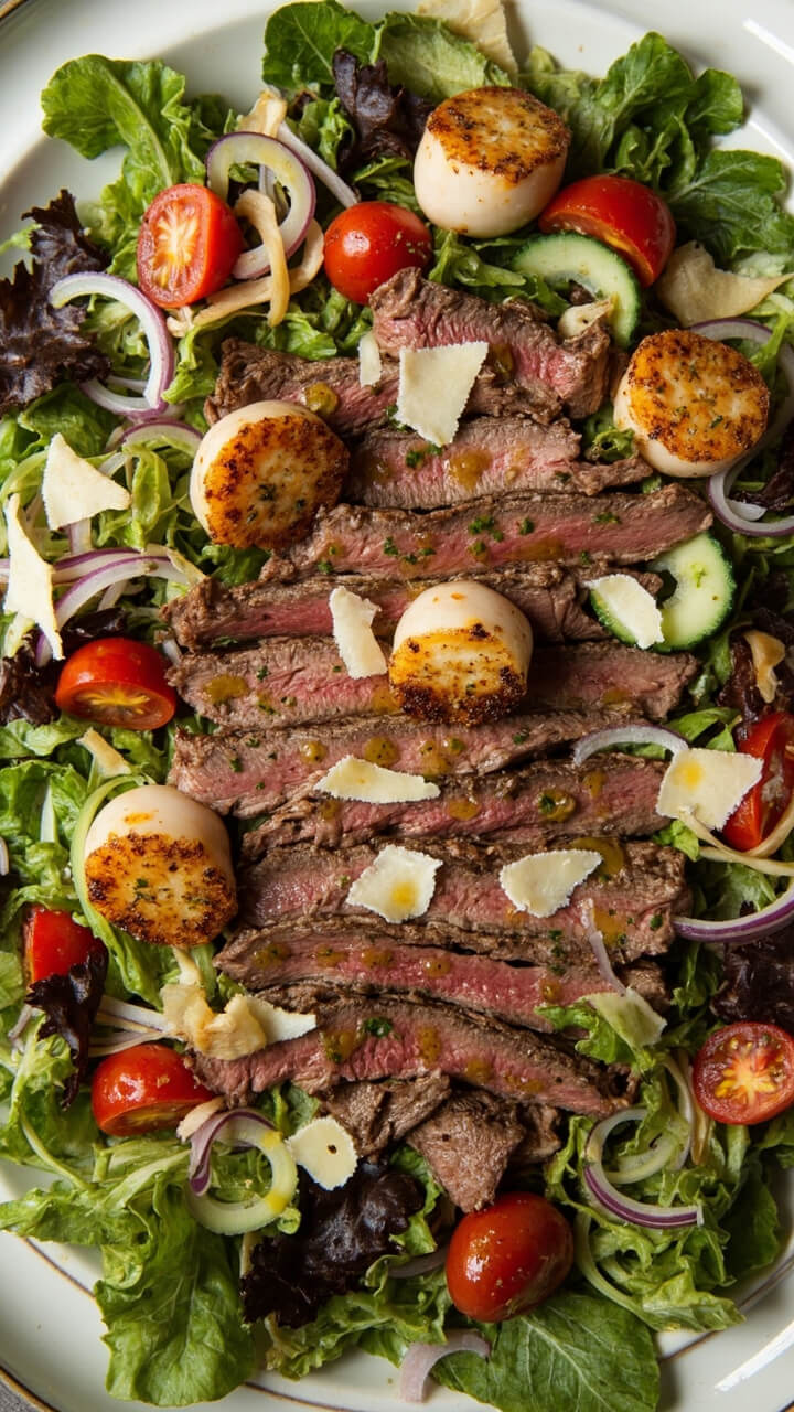 A large platter of mixed greens topped with slices of steak, golden seared scallops, halved cherry tomatoes, cucumber ribbons, red onion, and a drizzle of lemon-herb vinaigrette. Thin parmesan shavings are scattered on top. A large platter of mixed greens topped with slices of steak, golden seared scallops, halved cherry tomatoes, cucumber ribbons, red onion, and a drizzle of lemon-herb vinaigrette. Thin parmesan shavings are scattered on top.