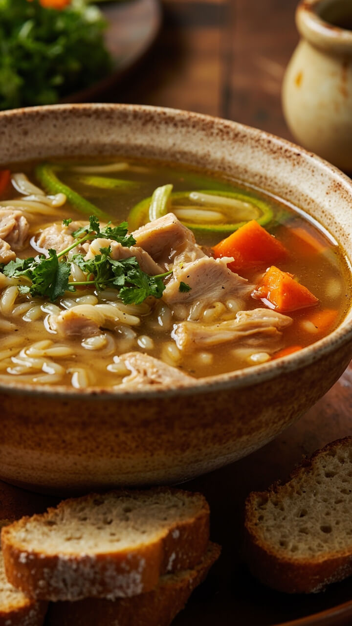 A deep ceramic bowl filled with clear chicken broth, tender chunks of chicken, sliced carrots and celery, and short-grain rice. Fresh parsley floats on top, with sliced bread alongside.