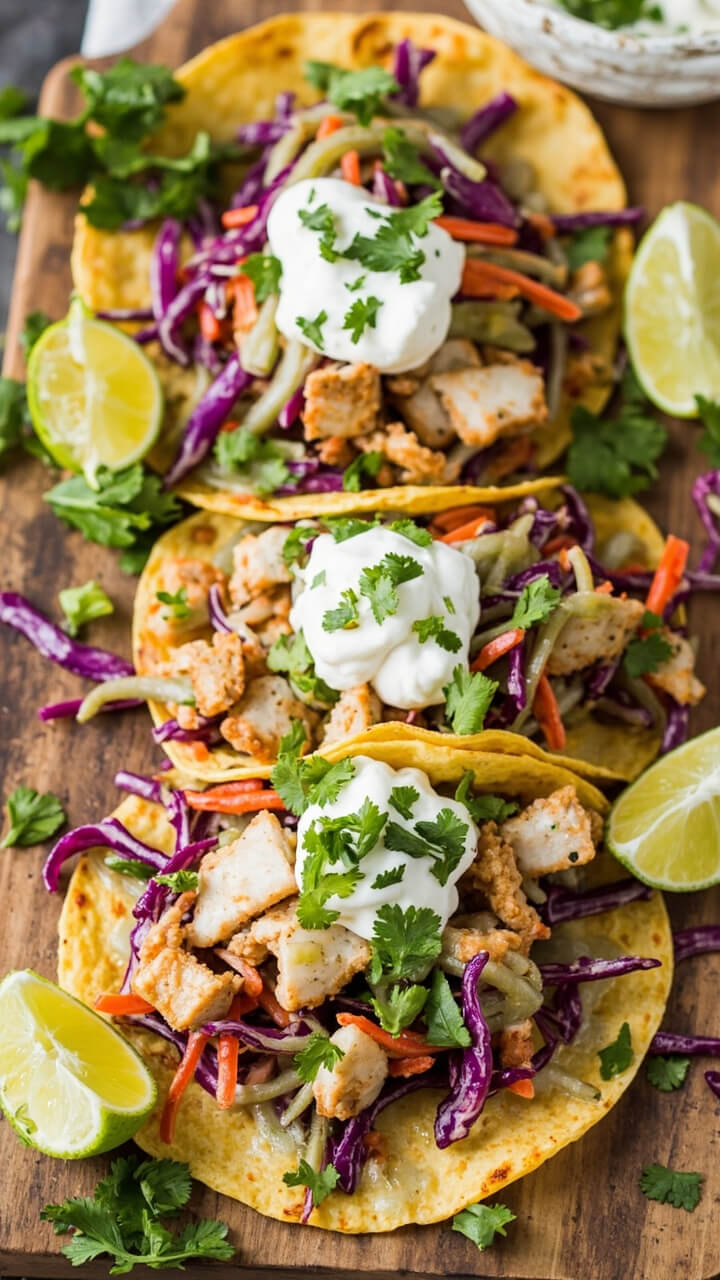 Warm corn tortillas folded around flaky white fish, topped with crunchy purple-green lime slaw and a dollop of yogurt sauce. Extra lime wedges and chopped cilantro sprinkled on a wooden board.