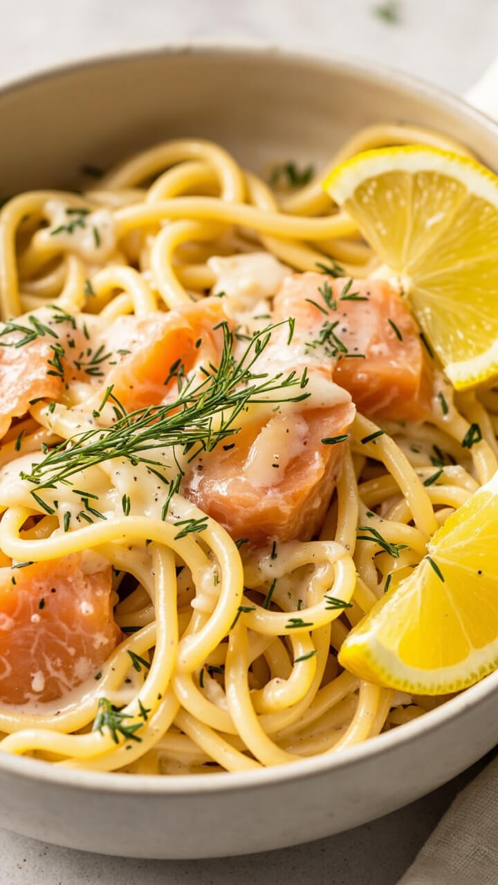 A bowl of creamy fettuccine tossed in a light dill sauce, dotted with pink smoked salmon pieces, finished with fresh dill and a wedge of lemon beside the bowl.