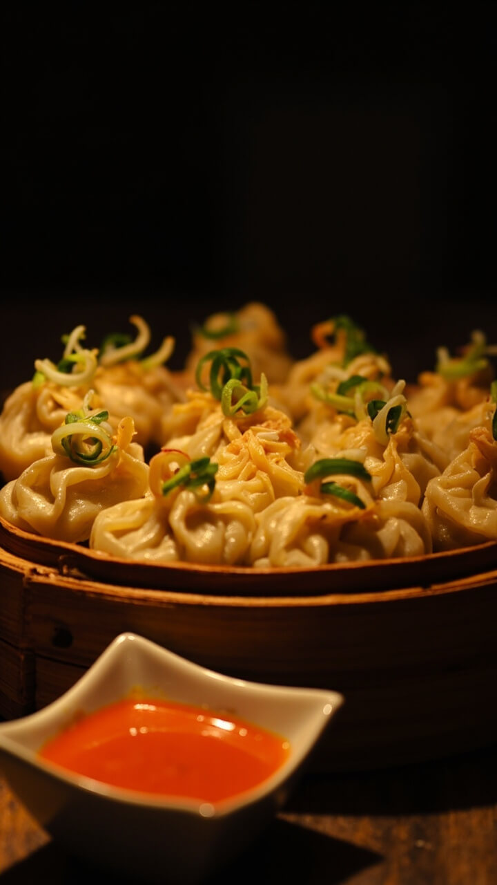 Golden, crimped wontons stacked in a bamboo steamer basket, garnished with sliced scallions and a side of bright orange sriracha-laced dipping sauce. Golden, crimped wontons stacked in a bamboo steamer basket, garnished with sliced scallions and a side of bright orange sriracha-laced dipping sauce.