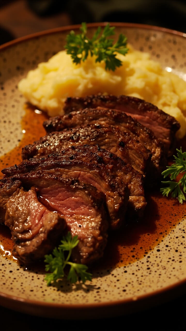 Thick slices of beef, seared and juicy, laid out on a speckled ceramic platter. The steak glistens with a little jus pooling around it. Sprigs of parsley accent the corners, and a plate of buttered mashed potatoes waits nearby.