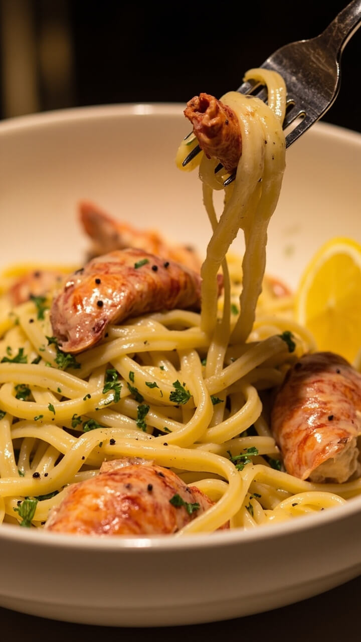 A shallow white bowl of linguine, generously coated in pale creamy sauce with pink langostino lobster tails nestled on top, flecks of parsley and fresh cracked pepper, lemon wedge to the side, a rustic fork twirled with pasta.
