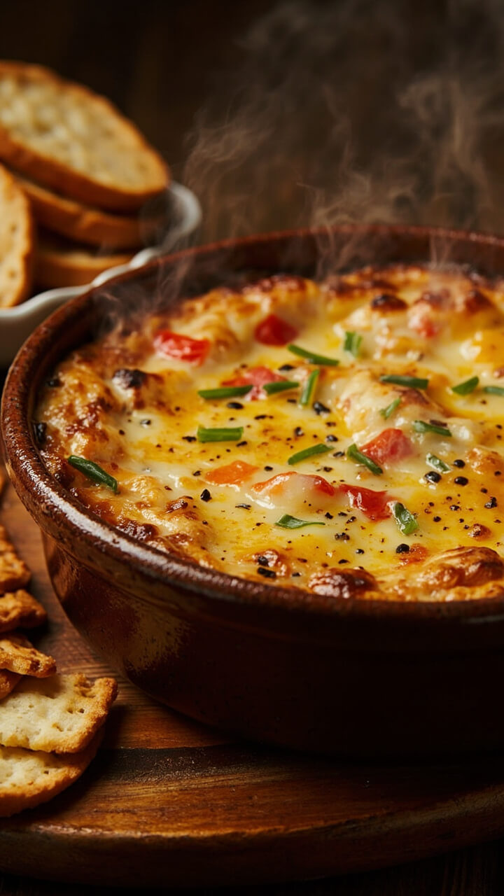 An oven-to-table stoneware baking dish filled with bubbling, golden cheesy dip, with flecks of red pepper and green herbs showing through the surface. Slices of toasted baguette and a handful of crackers fan out on a nearby wood board. An oven-to-table stoneware baking dish filled with bubbling, golden cheesy dip, with flecks of red pepper and green herbs showing through the surface. Slices of toasted baguette and a handful of crackers fan out on a nearby wood board.