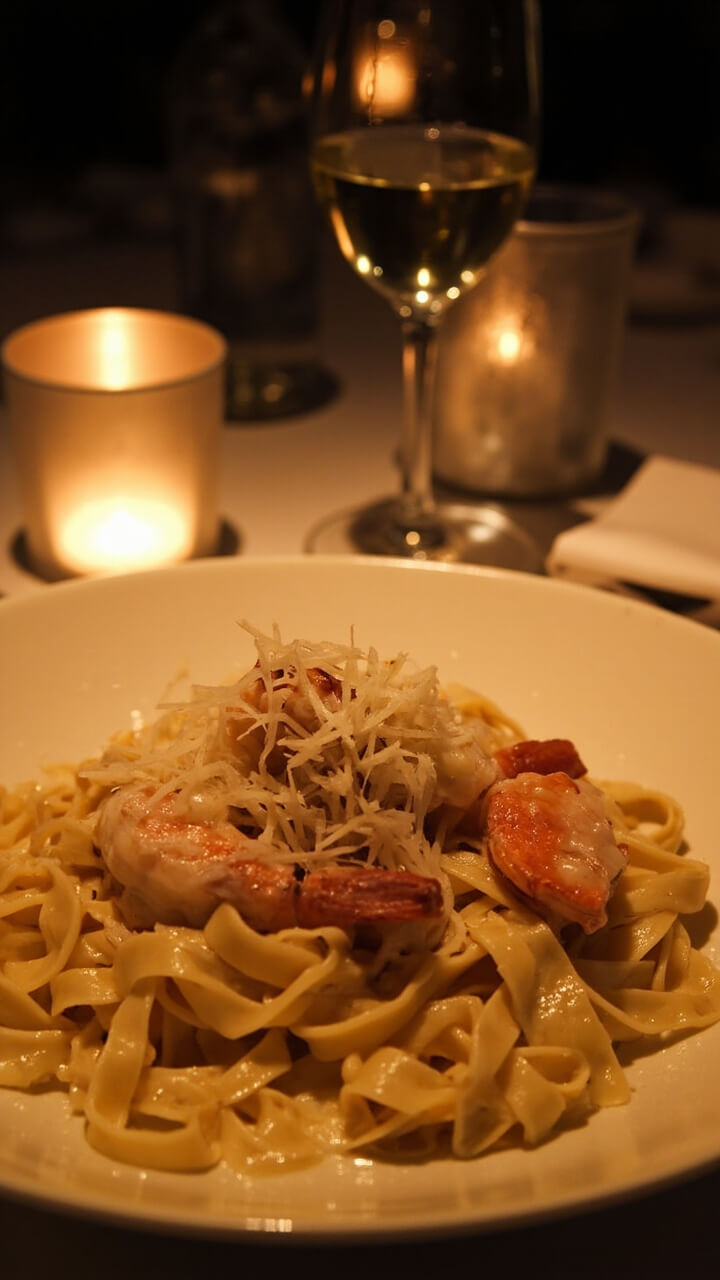 Tagliatelle ribbons glistening in a silky white sauce, with sautéed shrimp nestled on top and a dusting of freshly grated parmesan. A glass of white wine and a linen napkin complete the inviting table scene. Tagliatelle ribbons glistening in a silky white sauce, with sautéed shrimp nestled on top and a dusting of freshly grated parmesan. A glass of white wine and a linen napkin complete the inviting table scene.