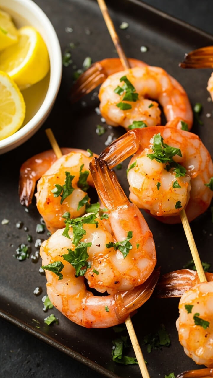 Short bamboo skewers threaded with glossy shrimp, brushed with melted butter flecked with green parsley, served atop a dark ceramic tray and a small ramekin of lemon wedges. Short bamboo skewers threaded with glossy shrimp, brushed with melted butter flecked with green parsley, served atop a dark ceramic tray and a small ramekin of lemon wedges.