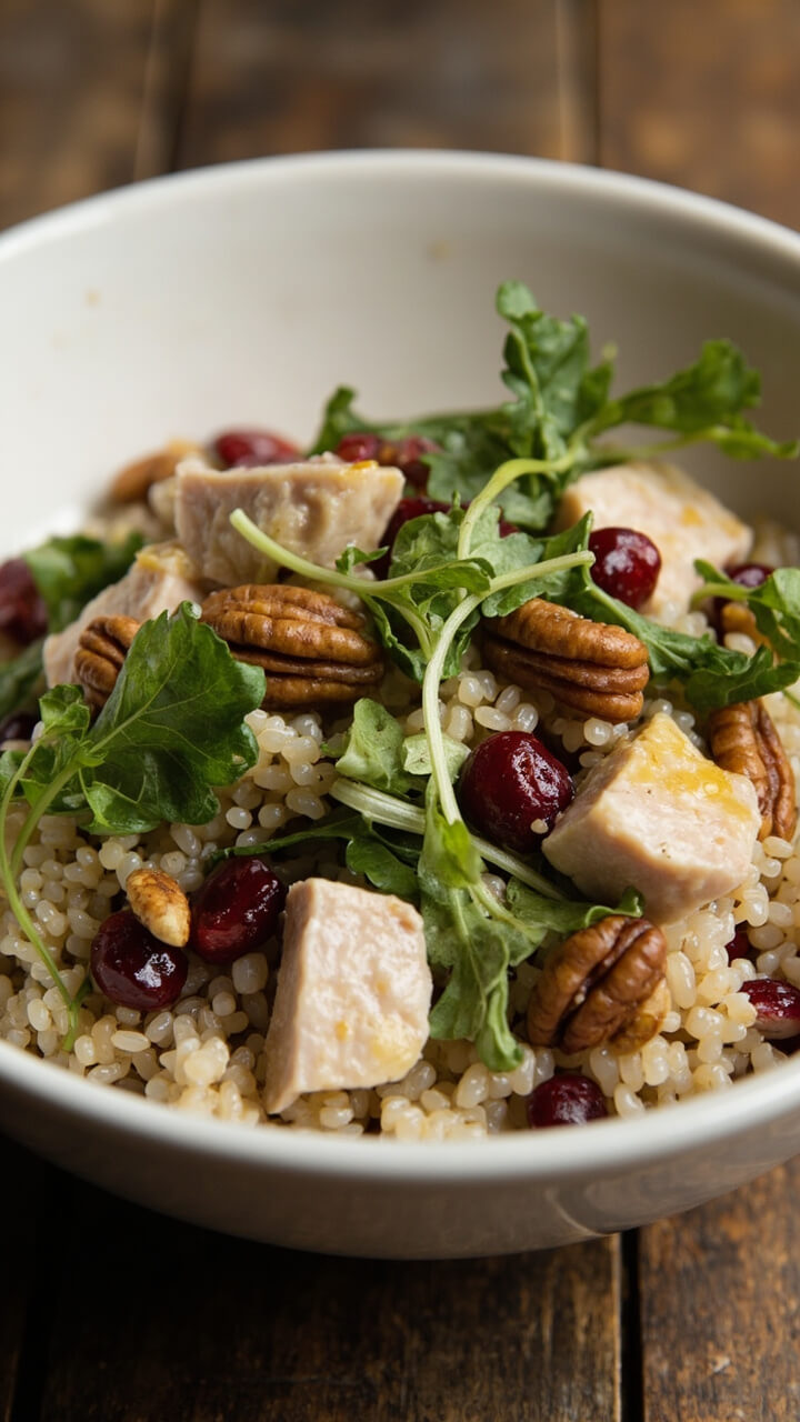 A white ceramic bowl filled with fluffy quinoa, chunks of light tuna, dried cranberries, scattered arugula leaves, and toasted pecans, all tossed in a light vinaigrette. Bits of green parsley and glistening red cranberries peek through. A white ceramic bowl filled with fluffy quinoa, chunks of light tuna, dried cranberries, scattered arugula leaves, and toasted pecans, all tossed in a light vinaigrette. Bits of green parsley and glistening red cranberries peek through.