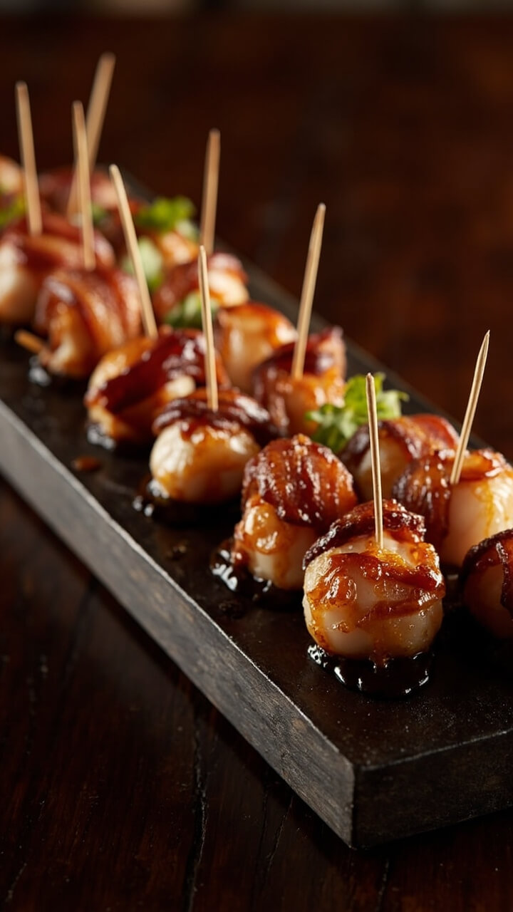 Scallops wrapped in crisp bacon, finished with a sticky brown sugar glaze, laid on a small rectangular platter with toothpicks, all on a dark wood table.