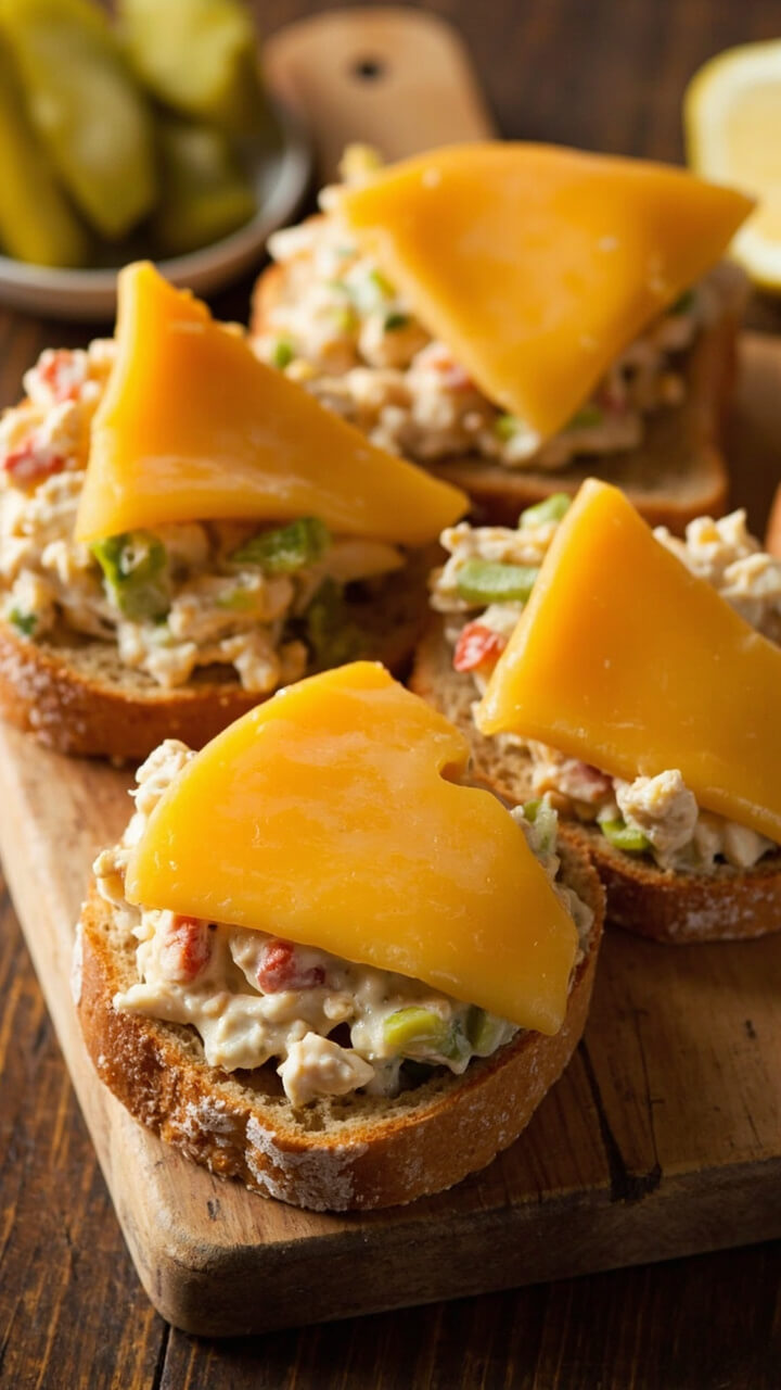 Buttered sourdough slices topped with a generous crab salad and melted cheddar, cut diagonally and arranged on a wooden board with pickles on the side.