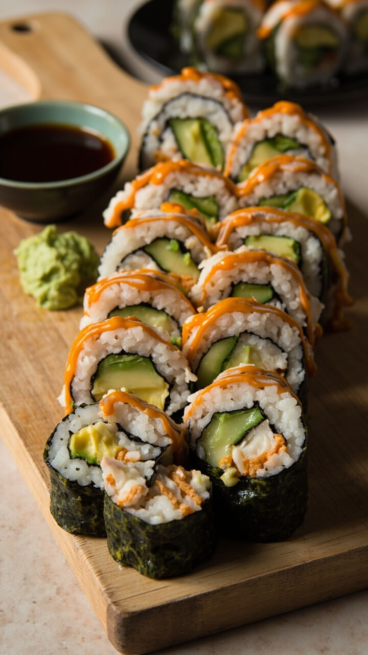 Sliced sushi rolls arranged on a bamboo board, filled with white crab and creamy orange spicy mayo, flecked with bits of cucumber and avocado inside nori-wrapped rice. Soy sauce and wasabi sit to the side.
