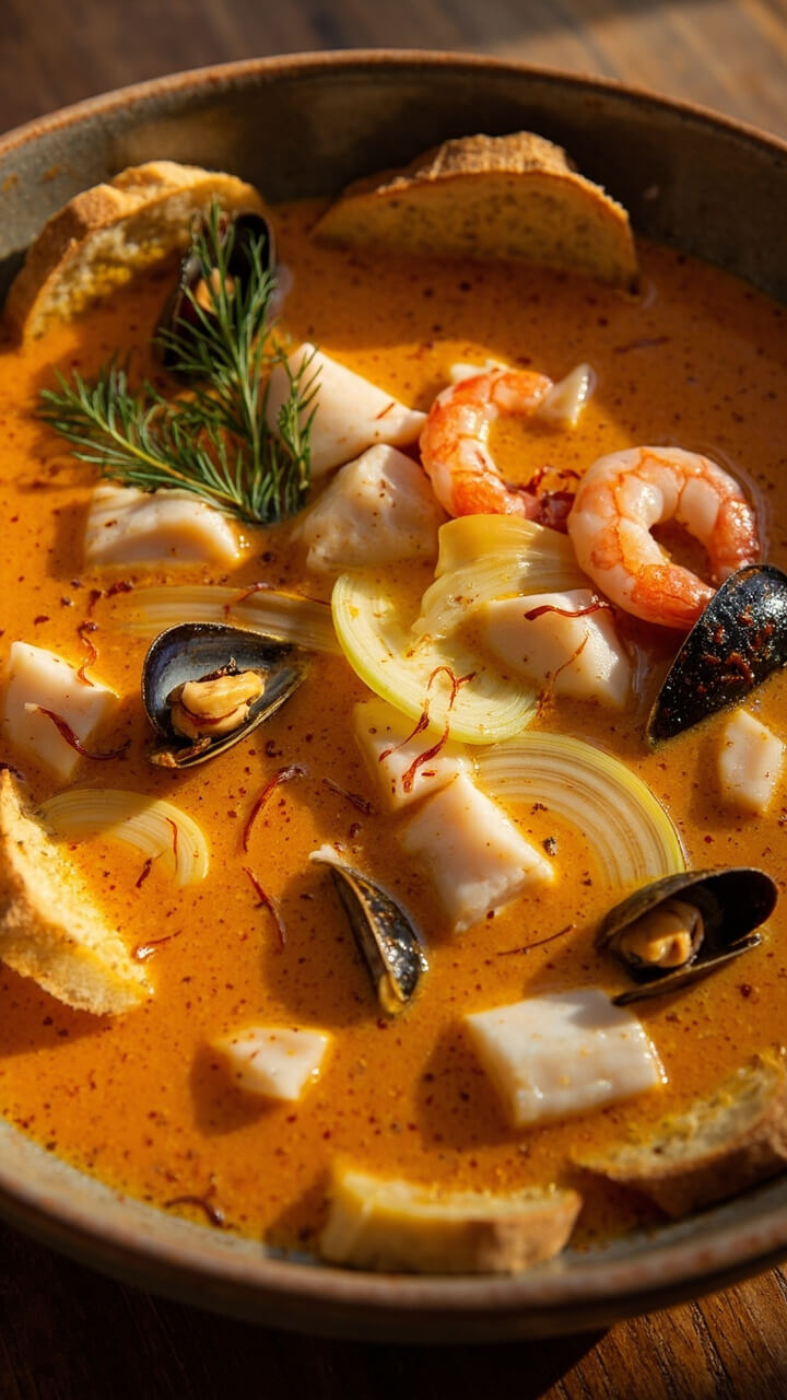 A wide, shallow bowl with a golden-orange broth, chunks of white fish, pink shrimp, shelled mussels, and slices of fennel. Saffron threads and fresh dill float on top. Crisp baguette slices line the side of the bowl.