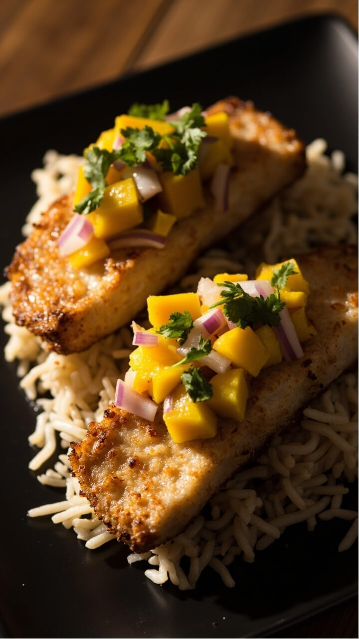 Golden-brown, coconut-crusted fish fillets on a dark plate, topped with a bright, chunky mango salsa (mango cubes, diced red onion, cilantro). Served over a bed of fluffy jasmine rice.