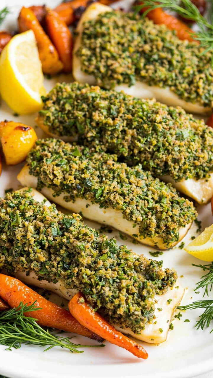 Pollock fillets with a crunchy green herb crust on a white baking tray, surrounded by roasted golden carrots and parsnips. A wedge of lemon and a scattering of fresh herbs make the platter feel fresh and inviting. Pollock fillets with a crunchy green herb crust on a white baking tray, surrounded by roasted golden carrots and parsnips. A wedge of lemon and a scattering of fresh herbs make the platter feel fresh and inviting.