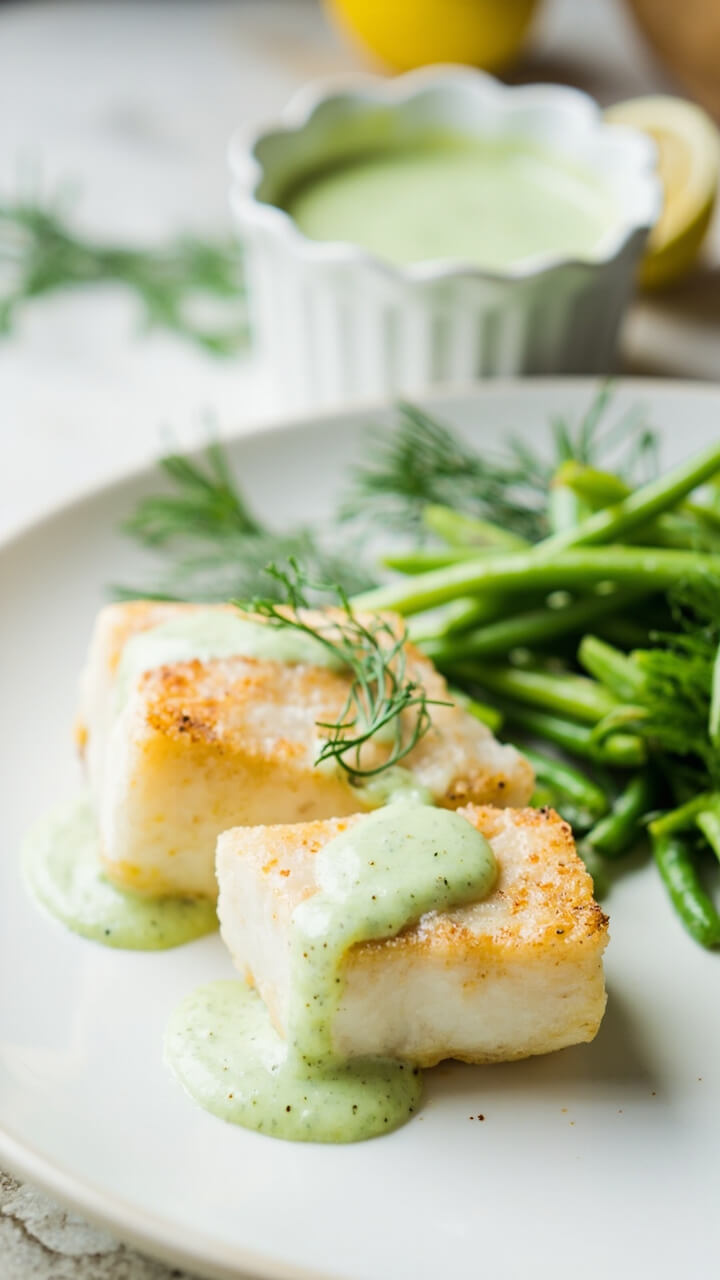 Simple cod fillets on a round white plate, topped with a light green dill sauce. A small bowl of extra sauce sits in the background, with fresh dill sprigs scattered around. Steamed green beans are at the side. Simple cod fillets on a round white plate, topped with a light green dill sauce. A small bowl of extra sauce sits in the background, with fresh dill sprigs scattered around. Steamed green beans are at the side.