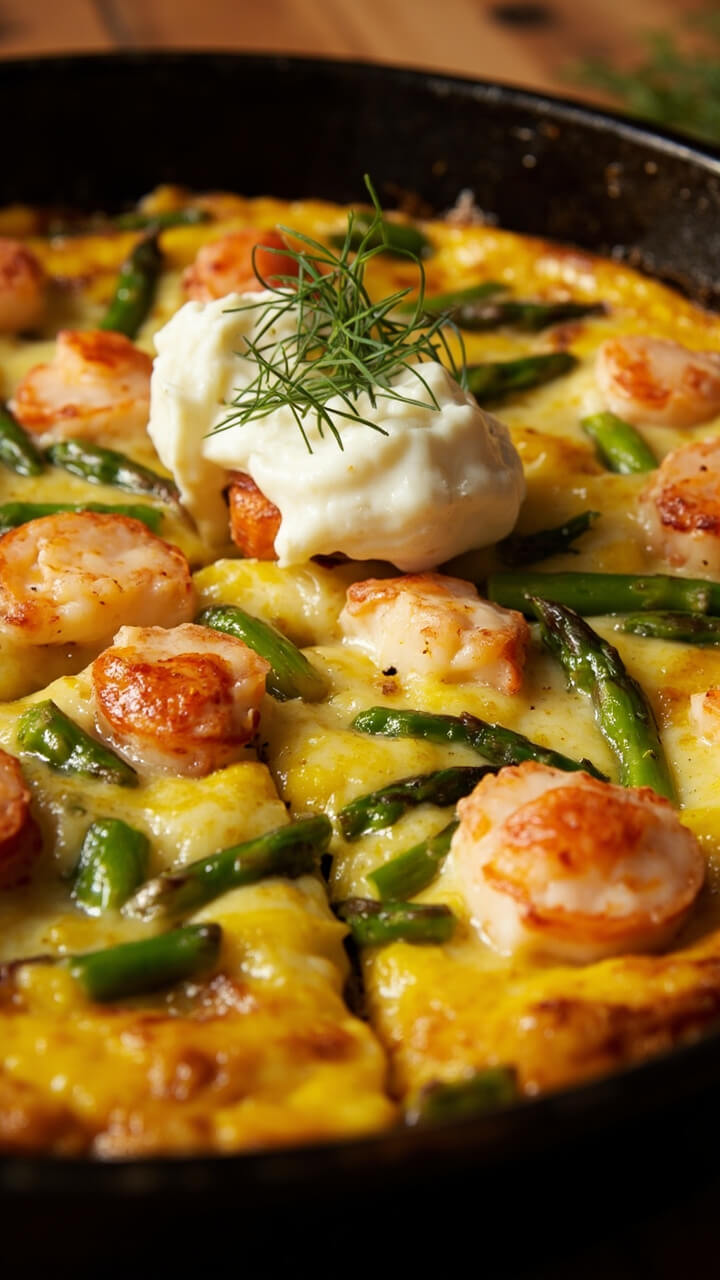 Wedges of golden frittata studded with pink lobster chunks and bright green asparagus, served in a cast iron pan with a dollop of crème fraîche and a sprinkle of dill. Wedges of golden frittata studded with pink lobster chunks and bright green asparagus, served in a cast iron pan with a dollop of crème fraîche and a sprinkle of dill.