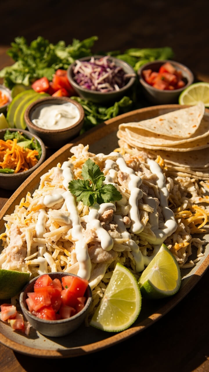 A platter of flaked white baked cod next to a stack of small flour tortillas, with bowls of shredded cabbage, diced tomatoes, avocado slices, and cilantro. Lime wedges and a drizzle of tangy crema are on the side. A platter of flaked white baked cod next to a stack of small flour tortillas, with bowls of shredded cabbage, diced tomatoes, avocado slices, and cilantro. Lime wedges and a drizzle of tangy crema are on the side.
