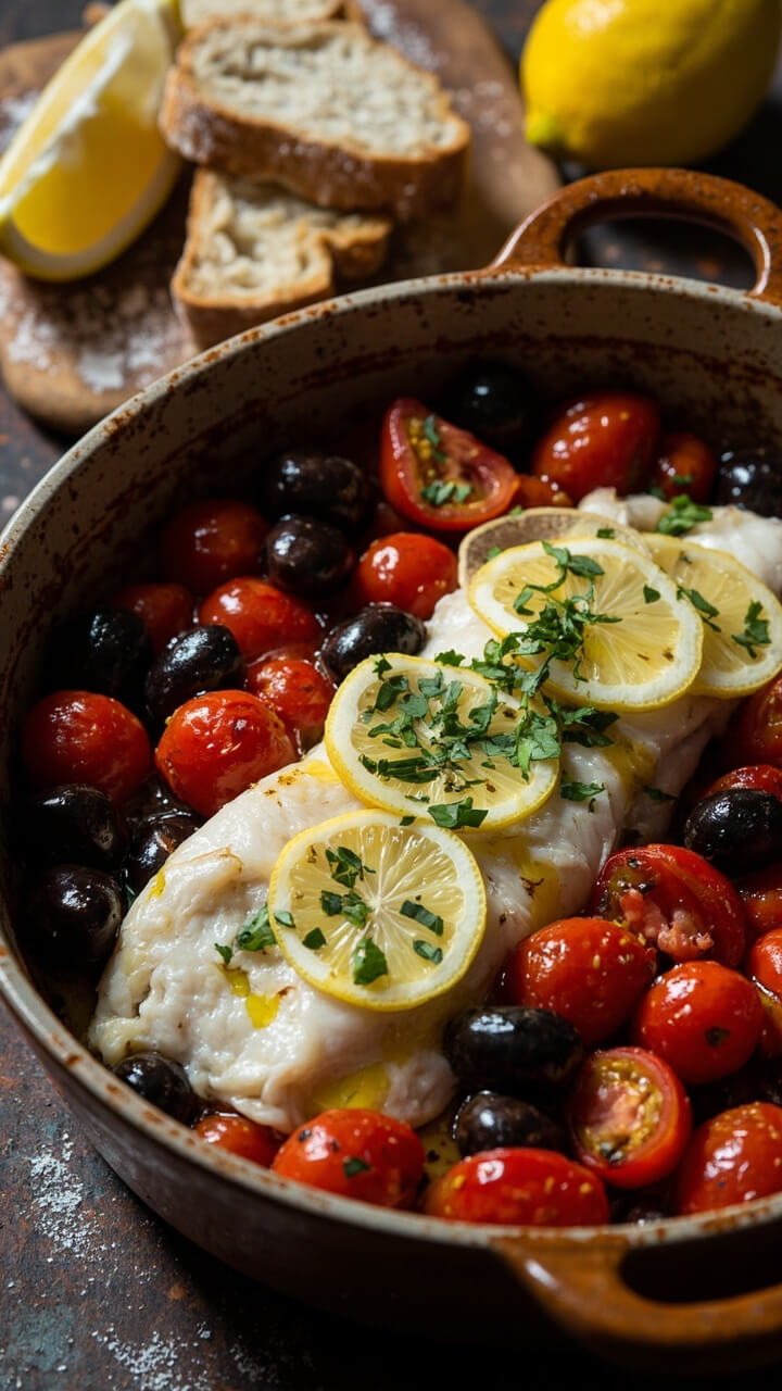 White cod fillet baked in a rustic ceramic dish, scattered with burst cherry tomatoes, kalamata olives, thin lemon slices, sprinkled parsley, and a glossy drizzle of olive oil. Served with crusty bread on a wood board, and a wedge of lemon on the side.