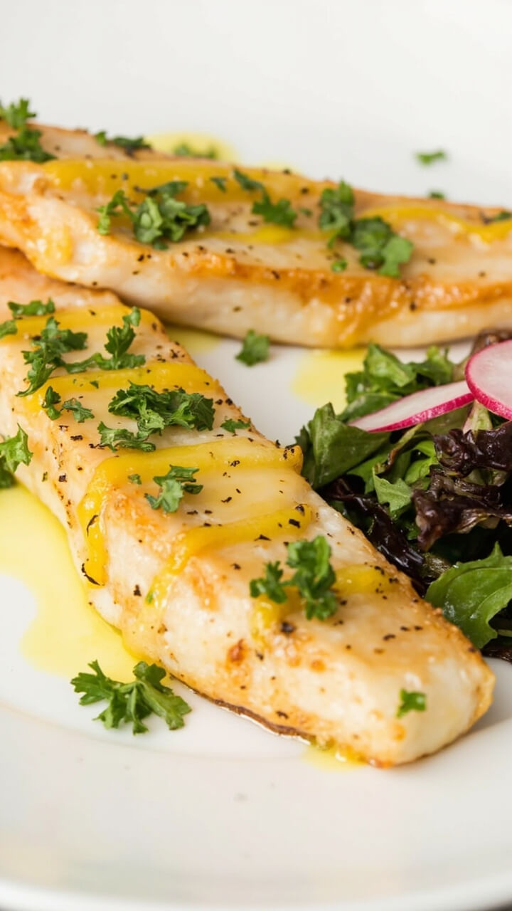 Two golden-brown flounder fillets on a white plate, topped with a scatter of chopped parsley and a squeeze of lemon. Served with a small pile of crisp mixed greens and thin radish slices.