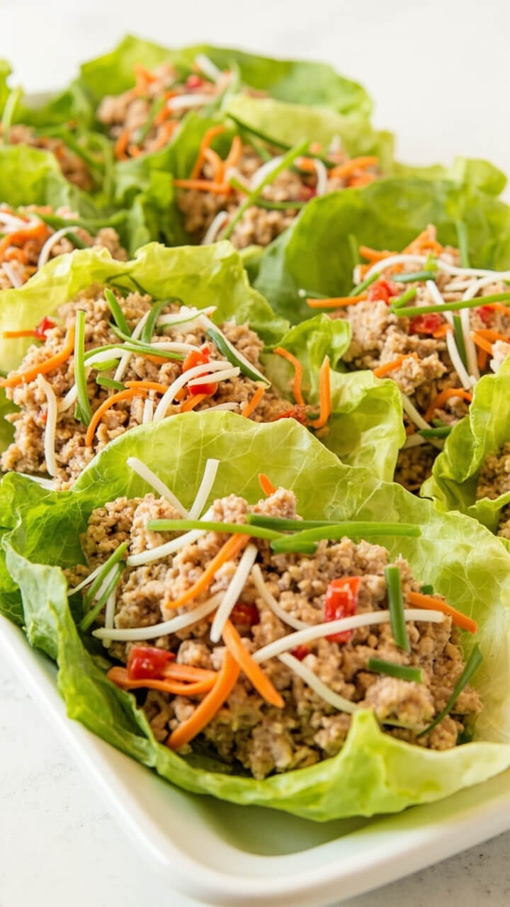 Crispy bibb lettuce leaves cupping chunky tuna mixed with diced red pepper, shredded carrots, and green onion, neatly arranged in rows on a large platter.