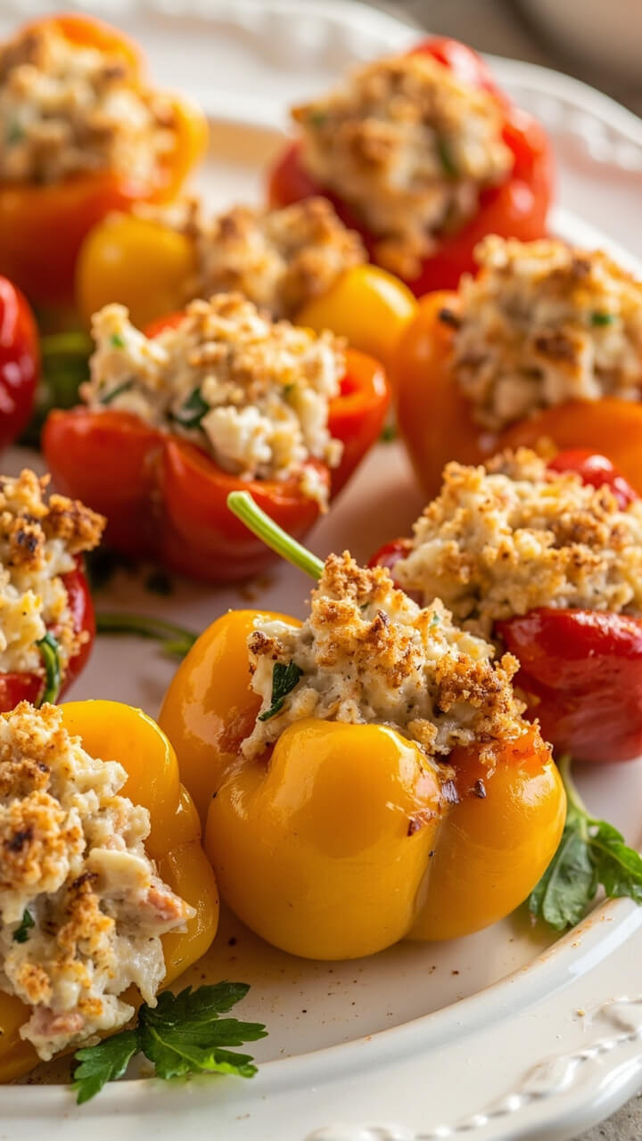 Bright mini bell peppers with tops cut off and stuffed with creamy crab filling, sprinkled with breadcrumbs and baked to golden brown, placed on a round serving platter with parsley garnish. Bright mini bell peppers with tops cut off and stuffed with creamy crab filling, sprinkled with breadcrumbs and baked to golden brown, placed on a round serving platter with parsley garnish.