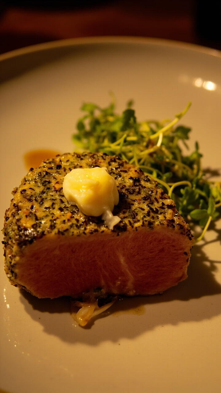 A thick-cut tuna steak with a golden-green herb crust, a small melting knob of lemon butter on top, and a handful of microgreens on the side. Served on a pale ceramic plate.
