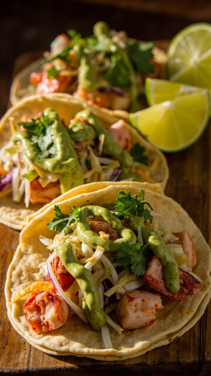 Three warm corn tortillas folded with lobster chunks, shredded cabbage, fresh cilantro, and a creamy green avocado sauce, set on a wood board with lime wedges. Three warm corn tortillas folded with lobster chunks, shredded cabbage, fresh cilantro, and a creamy green avocado sauce, set on a wood board with lime wedges.