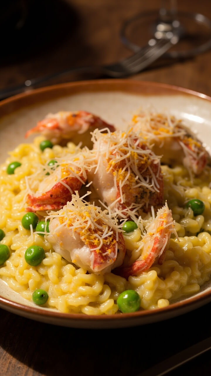 A shallow ceramic bowl heaped with creamy risotto, pink langostino lobster tails nestled on top, green peas mixed in, finished with finely grated Parmesan and a drizzle of olive oil.