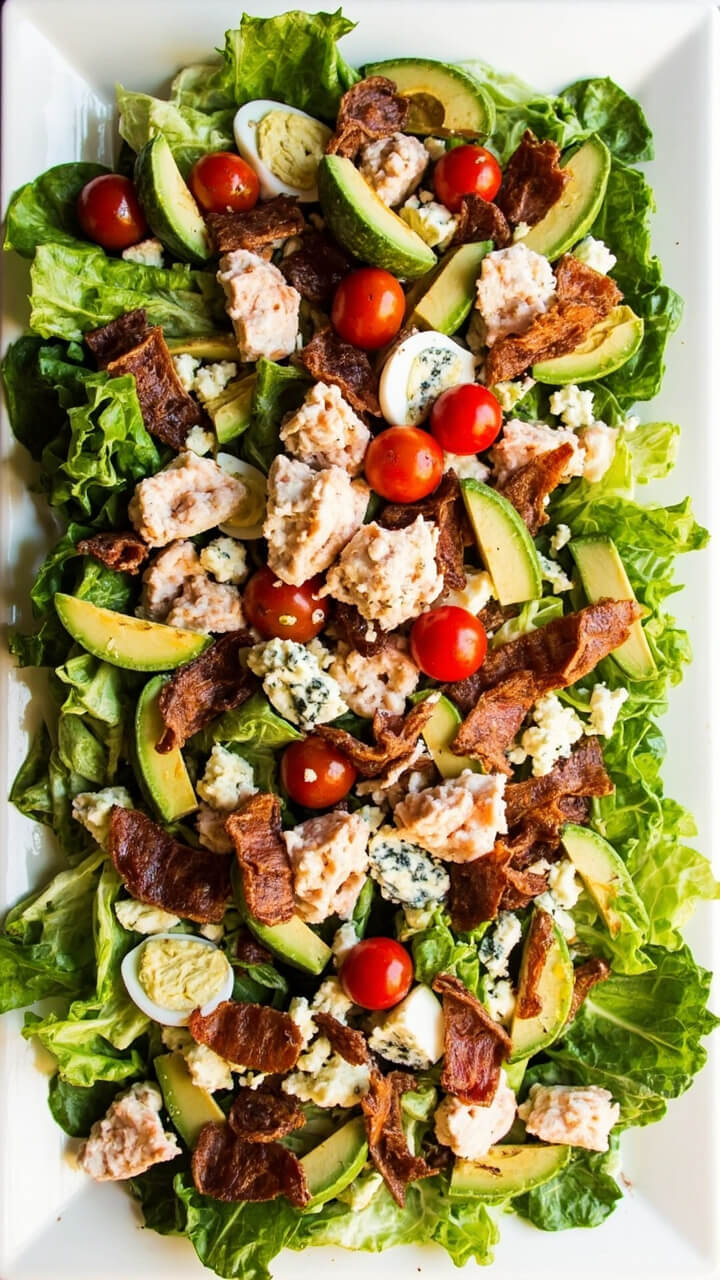 Large white platter with neat rows of crisp romaine, diced lobster meat, halved cherry tomatoes, sliced avocado, crumbled bacon, chopped hard-boiled eggs, and chunks of blue cheese.