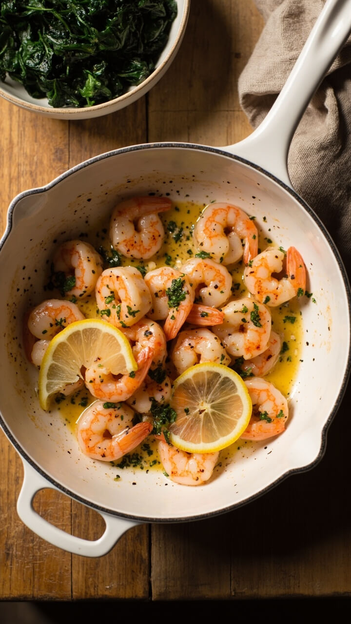 A white skillet filled with plump, pink shrimp glistening in a light lemon-garlic sauce, topped with chopped parsley and thin lemon rounds. The shrimp are nestled together, with visible flecks of pepper and garlic, and served with a side of wilted spinach in a small ceramic bowl. The scene is set on a rustic wooden board with a folded linen napkin.
