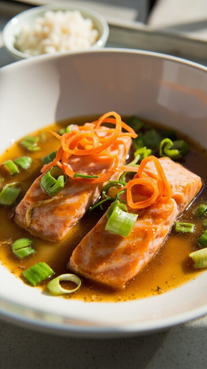 Salmon fillets in a shallow white bowl with soy-ginger poaching liquid, garnished with sliced green onions and light curls of carrot, with a bowl of rice on the side. Salmon fillets in a shallow white bowl with soy-ginger poaching liquid, garnished with sliced green onions and light curls of carrot, with a bowl of rice on the side.