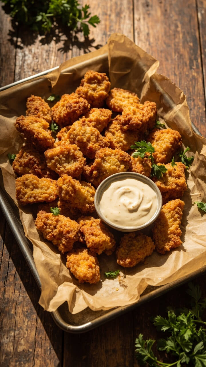 A parchment-lined sheet pan with golden catfish nuggets, a small bowl of creamy dipping sauce in the center, and a scattering of chopped parsley, shown on a casual wooden table. A parchment-lined sheet pan with golden catfish nuggets, a small bowl of creamy dipping sauce in the center, and a scattering of chopped parsley, shown on a casual wooden table.