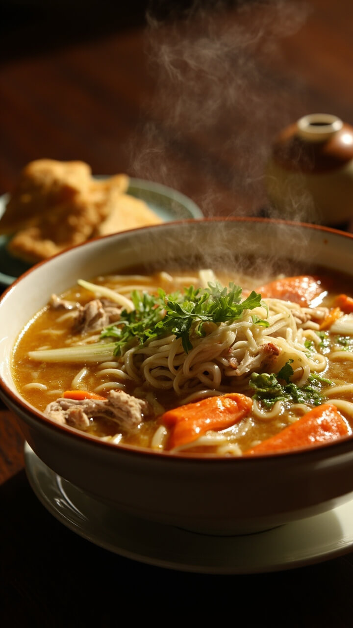 A large soup bowl with ramen noodles swimming in clear golden broth, dotted with carrot coins, celery slices, shredded chicken, and chopped fresh parsley. Crackers or buttered rolls are on the side. A large soup bowl with ramen noodles swimming in clear golden broth, dotted with carrot coins, celery slices, shredded chicken, and chopped fresh parsley. Crackers or buttered rolls are on the side.