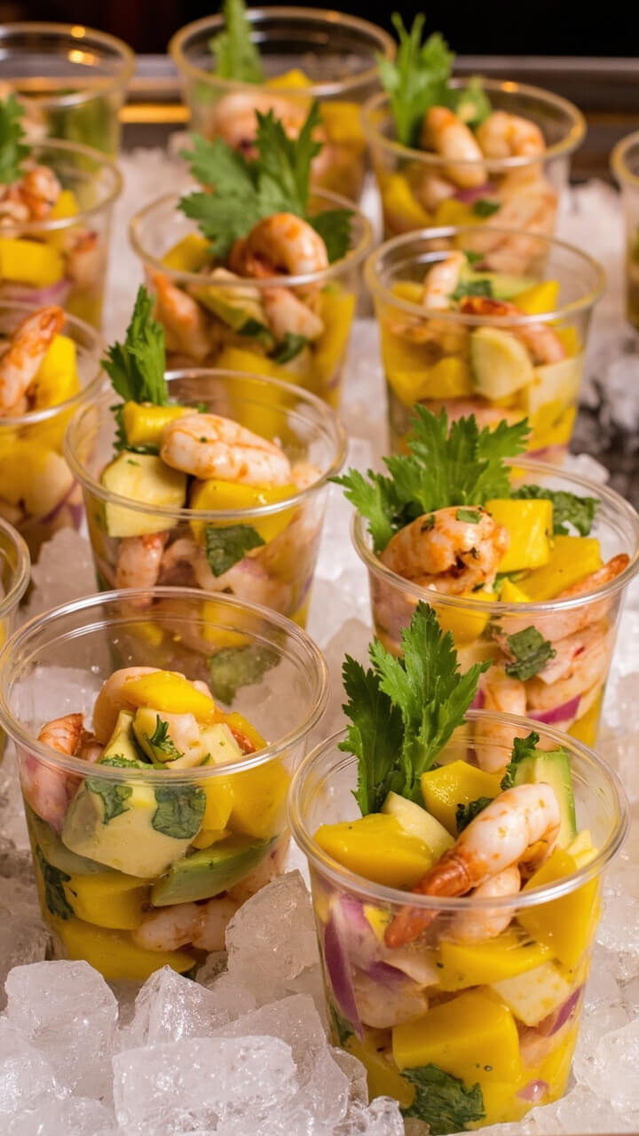 Small clear cups filled with diced mango, red onion, avocado, and pink shrimp in a citrusy marinade, topped with cilantro, set on a white tray of ice. Small clear cups filled with diced mango, red onion, avocado, and pink shrimp in a citrusy marinade, topped with cilantro, set on a white tray of ice.