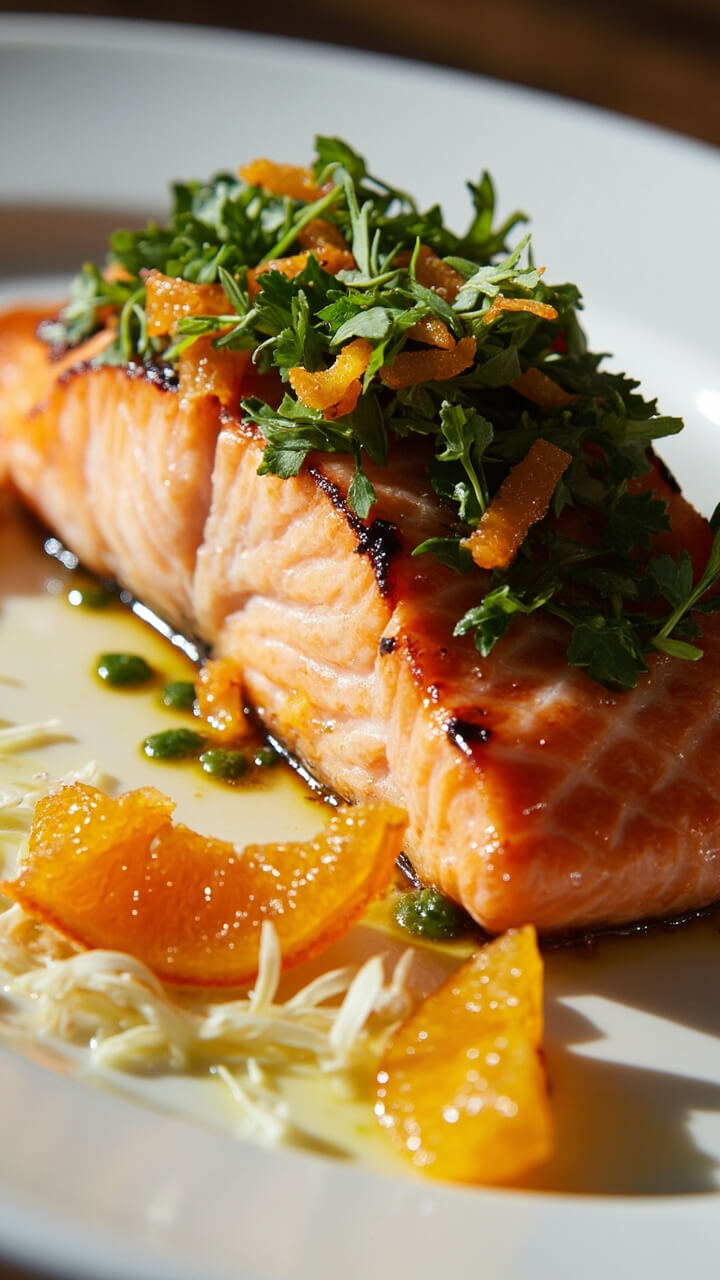 A large pink roasted salmon fillet covered with a green-and-orange gremolata of chopped fennel fronds, parsley, and orange zest. Arranged on a white platter with citrus slices and fennel shavings along the sides.