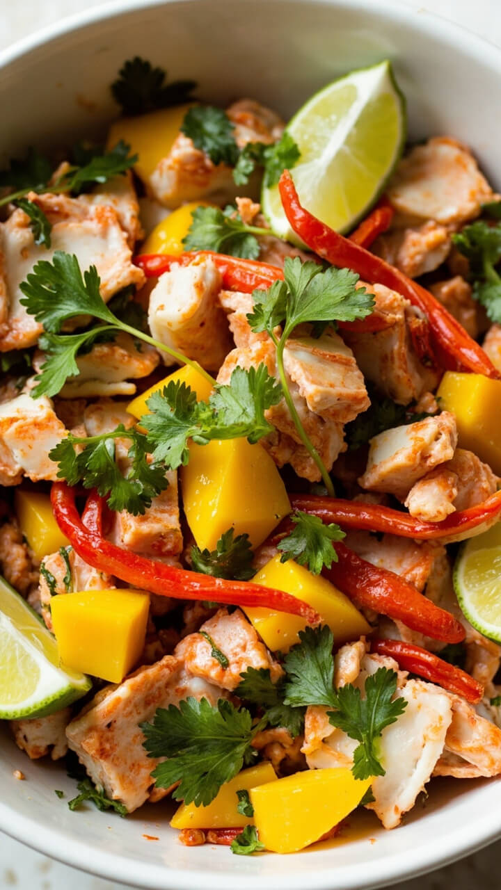 A deep white bowl filled with chunks of lobster and bright yellow mango, strips of red chili, cilantro, and a drizzle of lime dressing, garnished with lime wedges and extra cilantro.