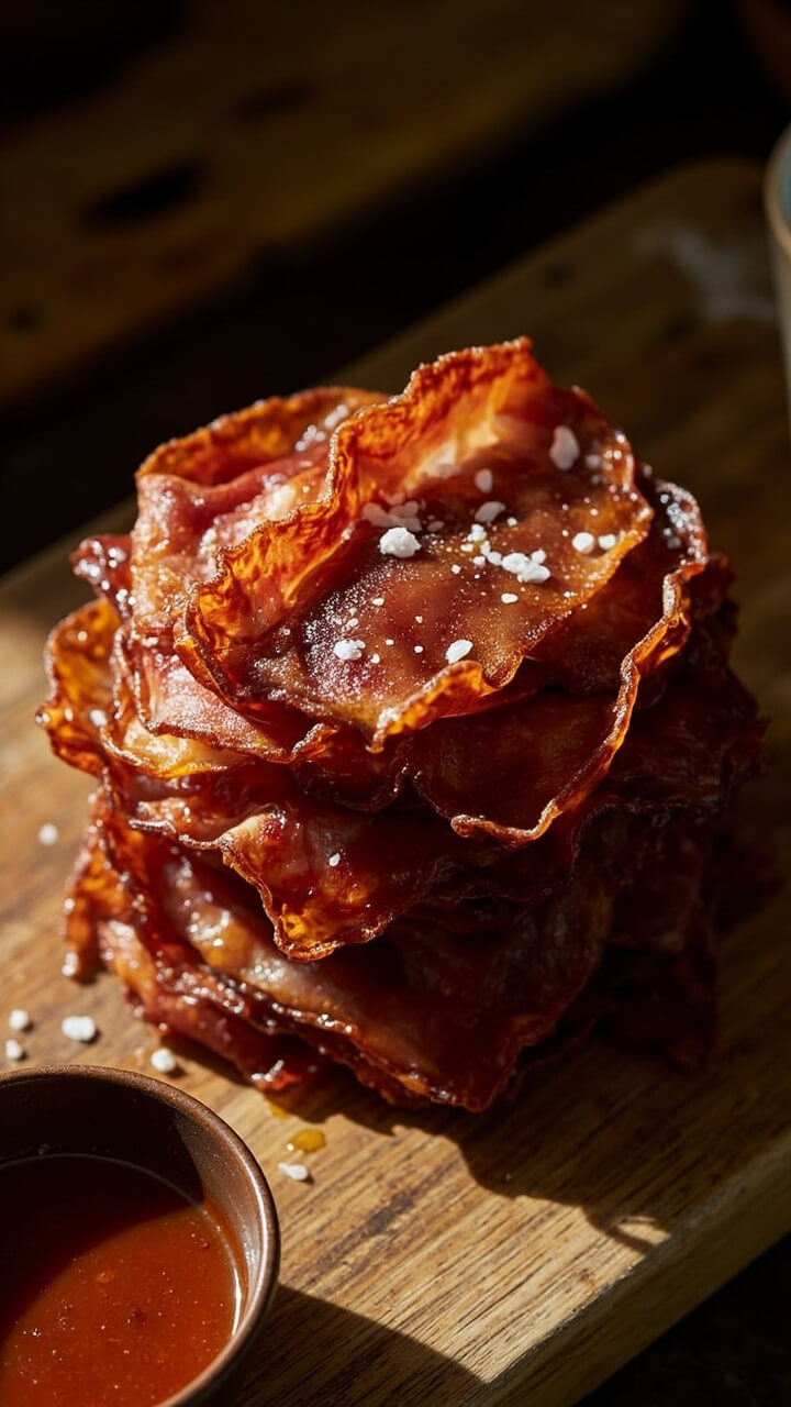 A stack of thin, wavy, reddish-brown rice paper “bacon” strips laid atop a rustic cutting board. The “bacon” has crispy edges and sheen from the marinade. A small ramekin with smoky dipping sauce sits nearby, and crumbles of sea salt are sprinkled over.
