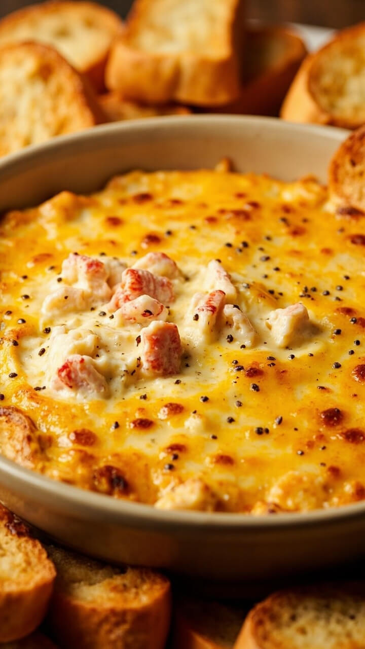 A round shallow baking dish holding golden, creamy dip with chunks of lobster visible, topped with bubbling cheese and a sprinkle of black pepper, surrounded by sliced baguette for dipping. A round shallow baking dish holding golden, creamy dip with chunks of lobster visible, topped with bubbling cheese and a sprinkle of black pepper, surrounded by sliced baguette for dipping.