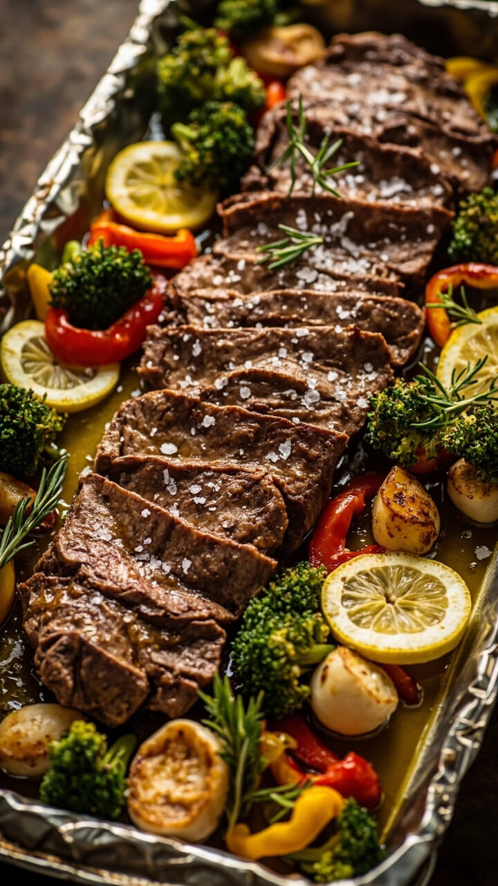A large baking tray with sliced medium steak, caramelized scallops, rainbow bell peppers, and broccoli florets, all drizzled with olive oil and fresh herbs. Lemon slices and a sprinkle of flaky sea salt complete the homey look. A large baking tray with sliced medium steak, caramelized scallops, rainbow bell peppers, and broccoli florets, all drizzled with olive oil and fresh herbs. Lemon slices and a sprinkle of flaky sea salt complete the homey look.