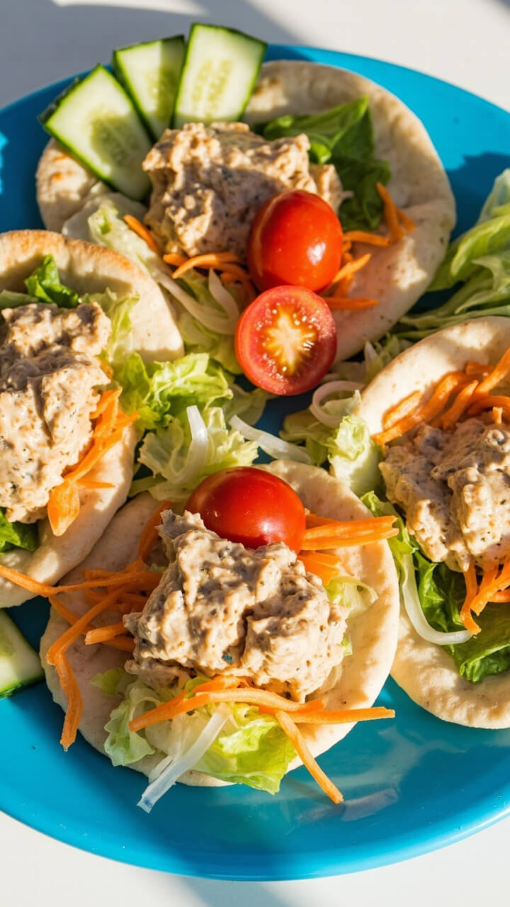 Soft pita halves stuffed with creamy tuna salad, shredded lettuce, julienned carrot, and sliced cucumbers, arranged on a bright blue plate alongside cherry tomato halves.
