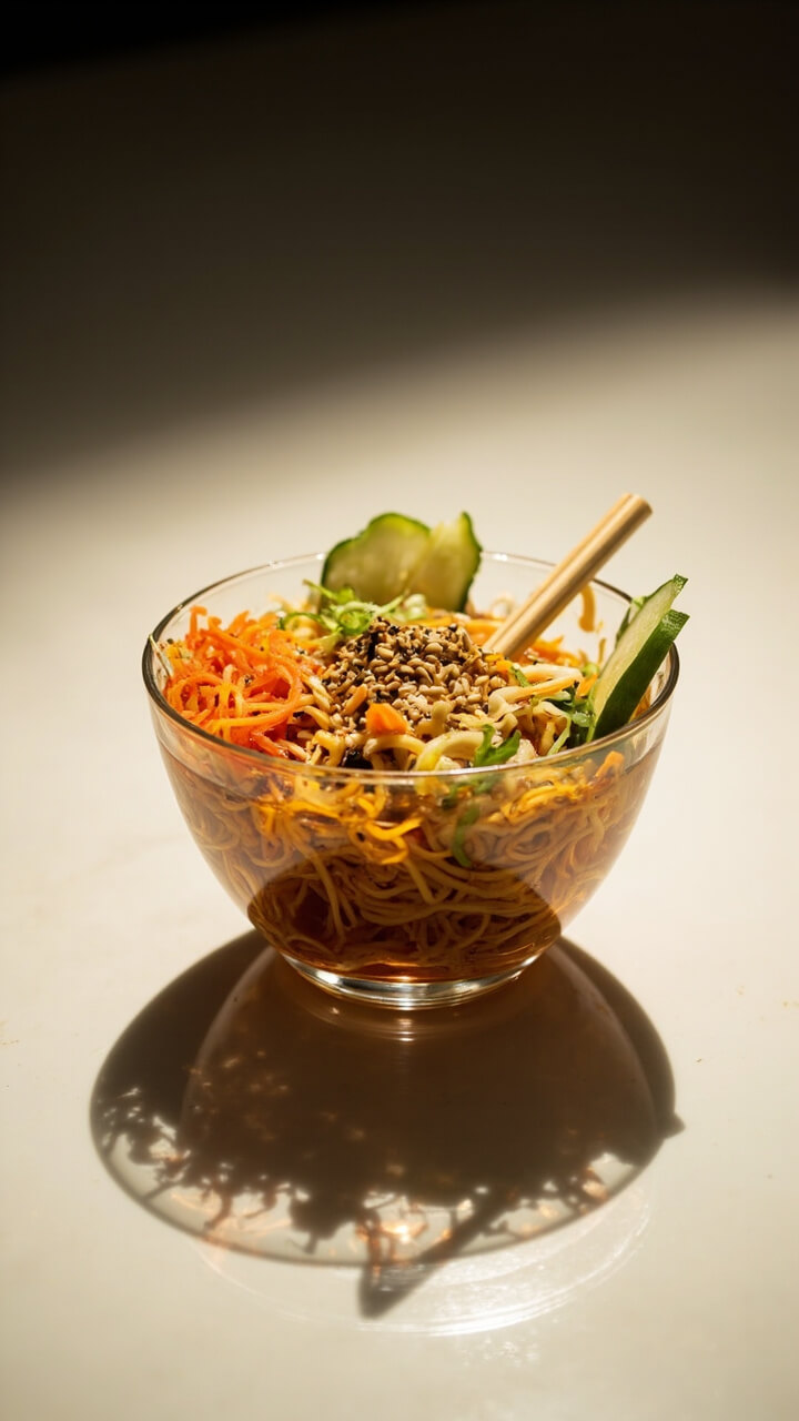 A glass bowl with chilled ramen noodles tossed in sesame dressing, scattered with shredded carrots, sliced cucumber, green onions, and sesame seeds, with chopsticks resting inside the bowl.