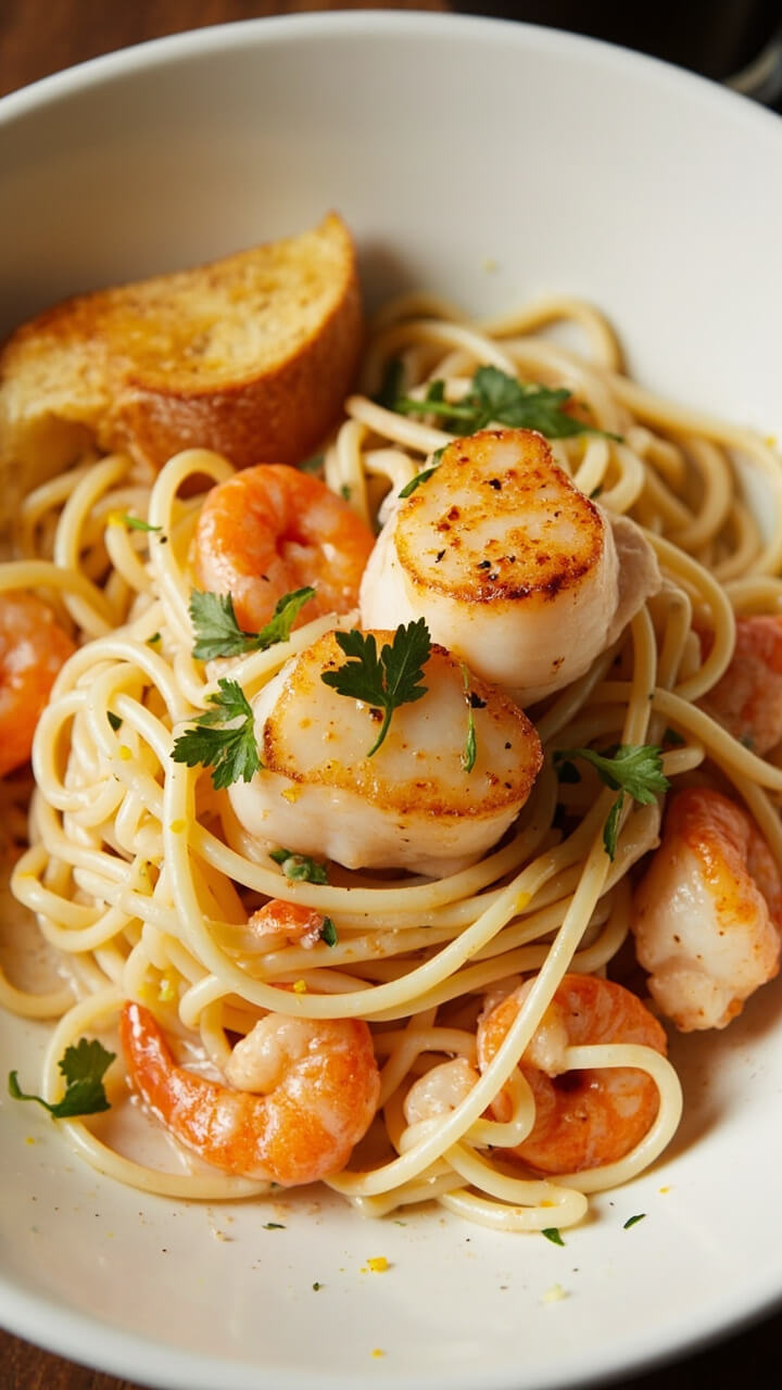 Linguine glistening with pale white wine sauce, dotted with seared scallops and shrimp, finished with minced parsley and lemon zest. Served in a shallow bowl with a slice of toasted garlic bread on the side.