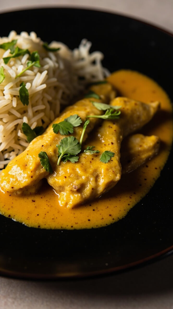 Catfish fillets coated in a yellow-hued curry sauce, served with steamed jasmine rice and sprinkled with chopped cilantro on a round black plate. Catfish fillets coated in a yellow-hued curry sauce, served with steamed jasmine rice and sprinkled with chopped cilantro on a round black plate.