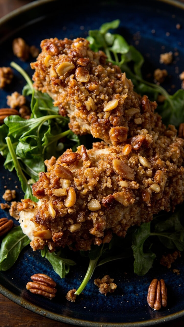 Catfish fillets topped with a chunky golden-brown pecan crust, served atop arugula leaves on a dark blue plate, with extra chopped pecans around the edges. Catfish fillets topped with a chunky golden-brown pecan crust, served atop arugula leaves on a dark blue plate, with extra chopped pecans around the edges.