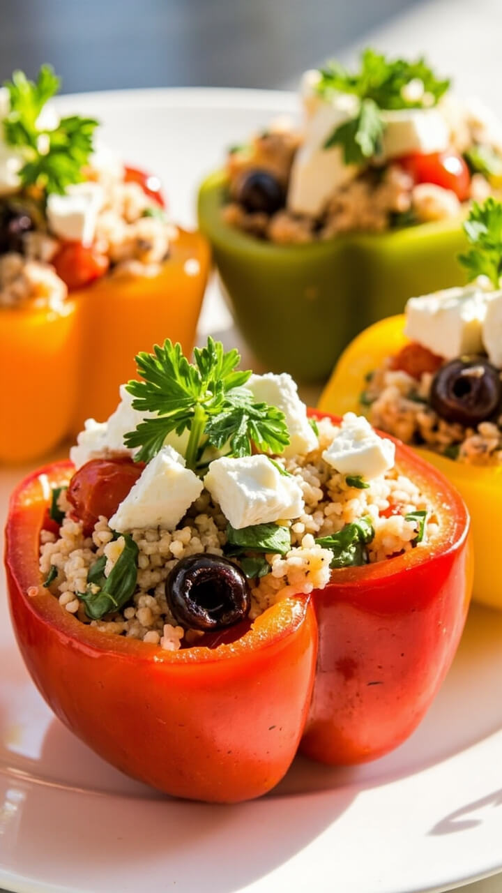 Bright bell pepper halves filled with a colorful tuna mixture (tuna, cherry tomatoes, olives, parsley, and couscous), sprinkled with feta crumbles and garnished with fresh parsley on a simple white plate.