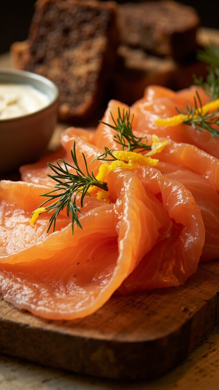 Thin slices of coral-colored cured salmon fanned out on a board, sprinkled with fresh dill and shards of citrus zest, with rye bread triangles and horseradish cream on the side.