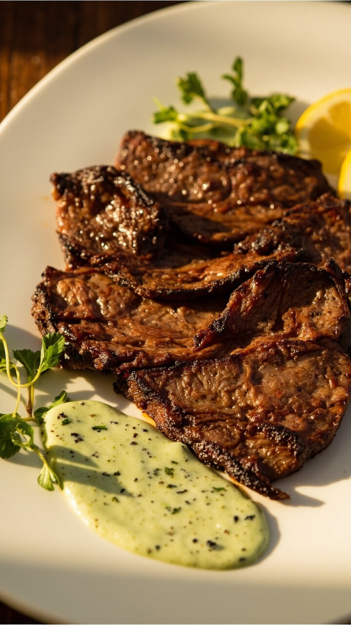 Juicy slices of skirt steak fanned out on a white plate, with pools of pale green creamy herb sauce on the side and a few herb sprigs and lemon wedges as garnish. Juicy slices of skirt steak fanned out on a white plate, with pools of pale green creamy herb sauce on the side and a few herb sprigs and lemon wedges as garnish.