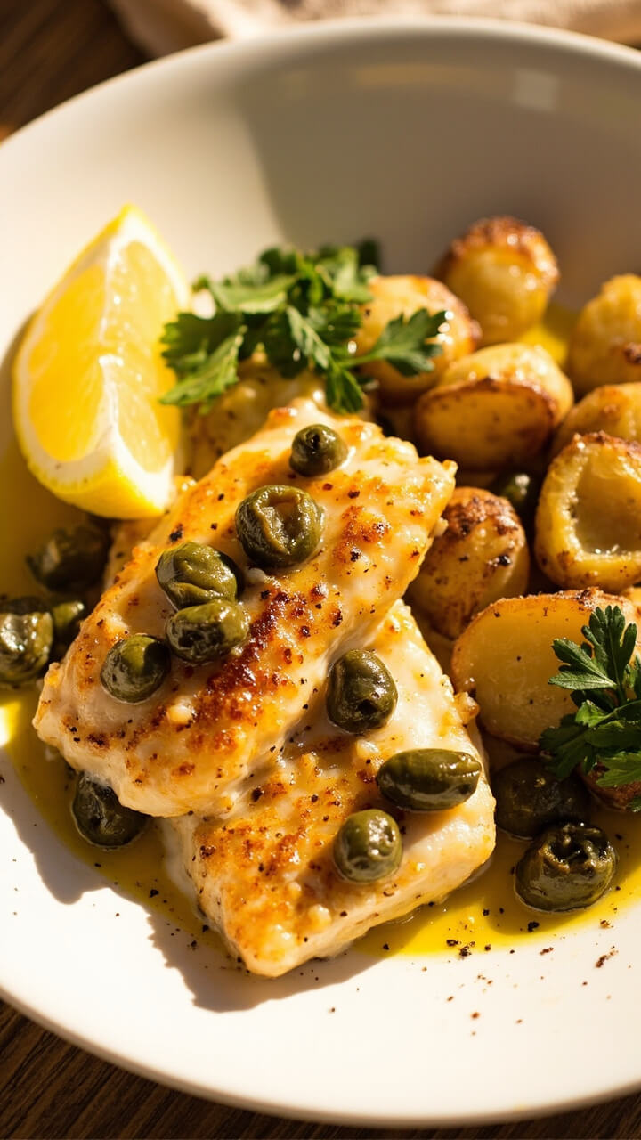 Pan-seared cod fillets topped with caper and lemon-butter sauce, served alongside roasted new potatoes. The fish and sauce glisten on a white dinner plate, with chopped parsley and a lemon half nearby.