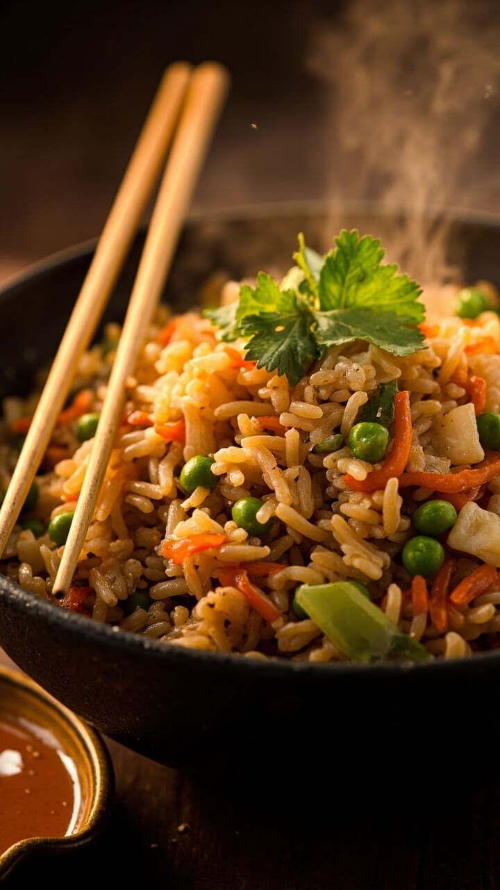 A generous bowl of sesame-scented fried rice speckled with crab, green peas, diced carrots, and scallions, topped with a few cilantro leaves. A pair of chopsticks rests on the side.