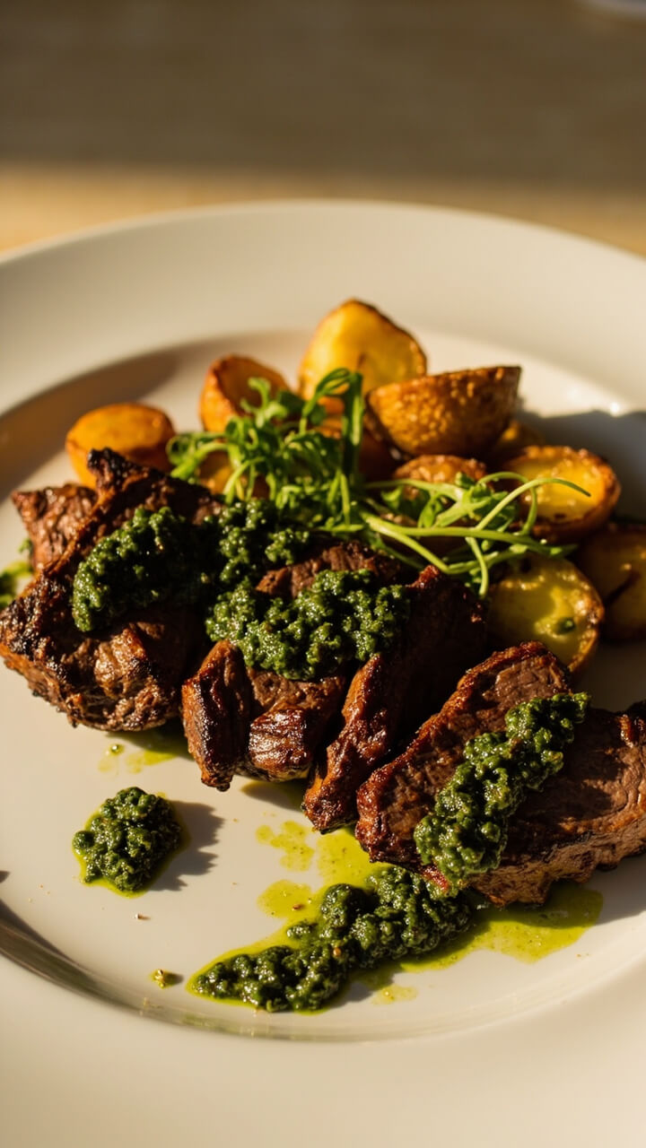 Thick slices of grilled sirloin steak drizzled with vibrant green chimichurri over a white plate, bordered by roasted potatoes and a small bunch of watercress. Thick slices of grilled sirloin steak drizzled with vibrant green chimichurri over a white plate, bordered by roasted potatoes and a small bunch of watercress.