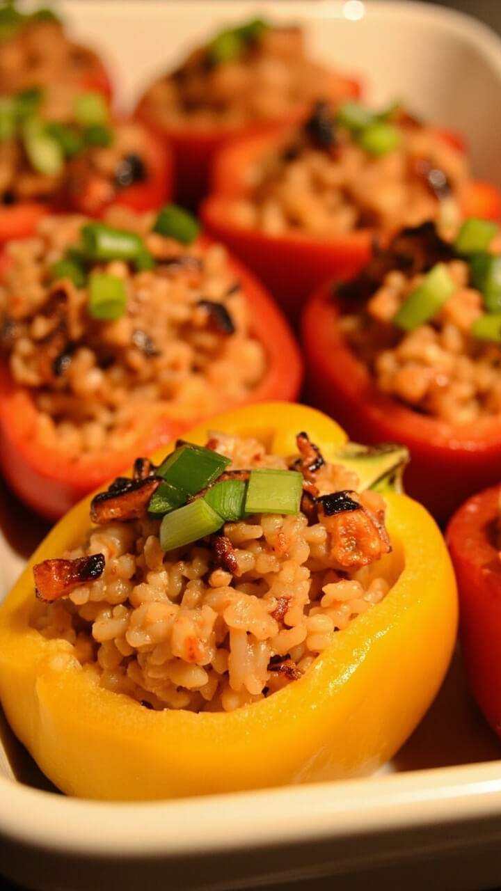 Halved red and yellow bell peppers filled with spicy crab and rice mixture, the tops caramelized and garnished with chopped scallions, nestled in a white baking dish.